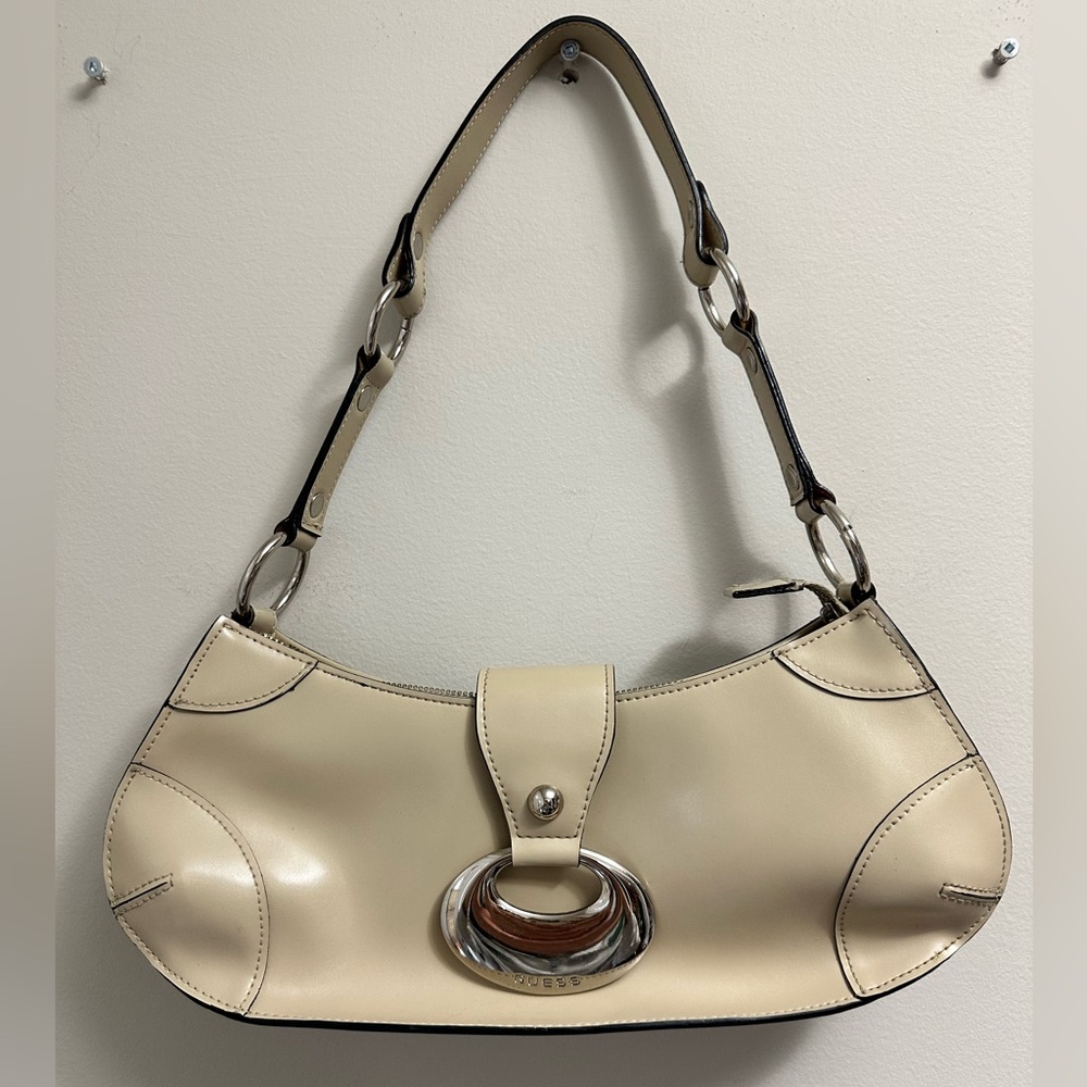 Vintage GUESS Cream Leather Shoulder Bag with Silver Accent Y2K